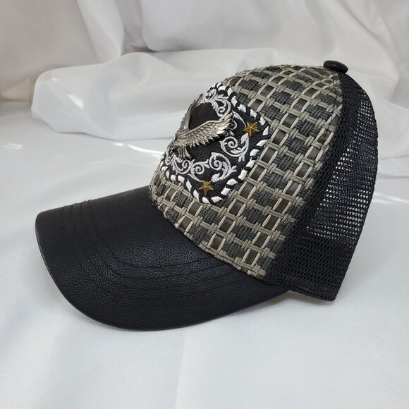 Eagle Embroidered Trucker Cap Woven Design & Mesh Back Gray/Black USA Headwear - Picture 5 of 6